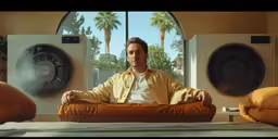 a man sitting on top of a bean bag chair