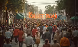 a crowd of people walking on a street