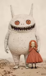 a child stands in front of an angry white creature