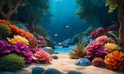 an underwater garden features different plants and stones