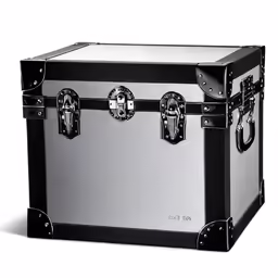 the trunk is silver with black trim and chrome handles