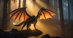 the dragon has wings that are yellow, and is perched on top of a large piece of stone