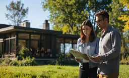 a man and woman standing outside of a house looking at a paper