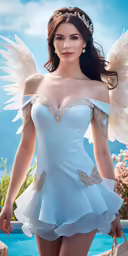 woman dressed in short white dress with wings over head
