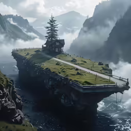 an island with grass is surrounded by fog
