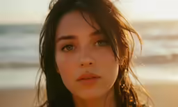 a woman with freckled brown hair looks into the camera