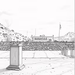 a drawing of a stone wall next to a park