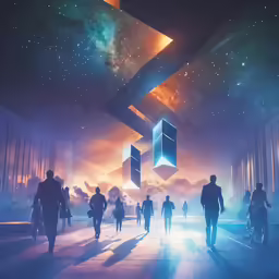 people walking on the street under a bright neon sky