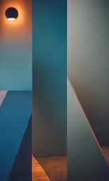 a room with three blue and yellow panels