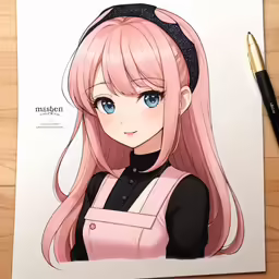 a girl with pink hair and blue eyes on a sheet