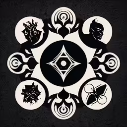 the black and white circular artwork shows several different symbols