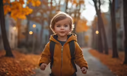 little boy wearing a yellow jacket, walking down a trail