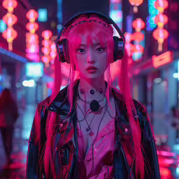 a girl wearing headphones and pink hair,a female with headphones in an urban setting