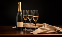 four glasses of champagne and a bottle of wine