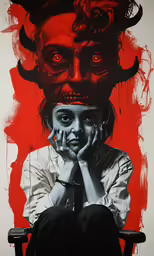 a man sits with his hands under his face in front of a portrait of a demon