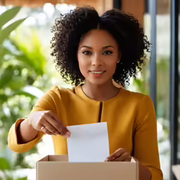 a woman with an empty box with a letter