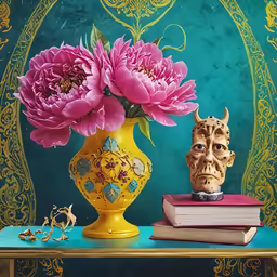 a flower vase and a mask on a table