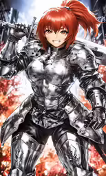 anime character in armor, holding a sword and sword in one hand