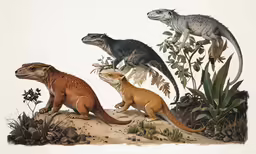 a painting with many dinosaurs and plants