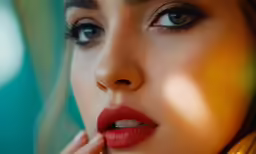 the woman is putting on her red lipstick