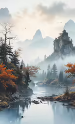 an illustration of the valley in a foggy area