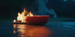 a bowl filled with hot water and some fire
