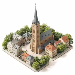 an island with buildings and trees around it