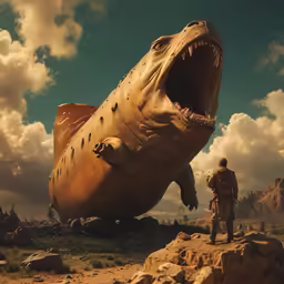 a giant fish is opened in front of a man