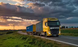 a semi truck driving down the road in front of a field,a big rig truck with trailer on the road
