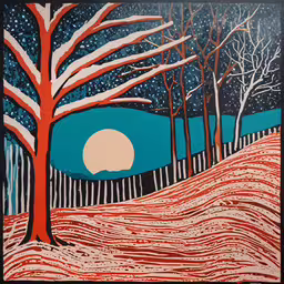 an art work with several trees and the moon,a painting that looks like a night time scene