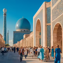 people are walking past an ornate building with a huge dome on top