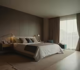 a bedroom with high end table lamps on each side of the bed