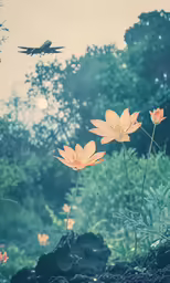 orange flowers stand out against a green field with a bird flying over them
