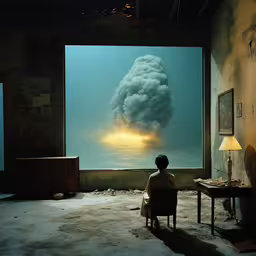 a person sitting on the ground in front of a window,a man sits watching a large tornado blow through the sky