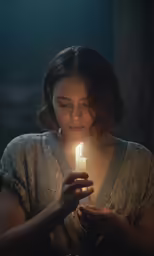 a young woman holding a candle in her hands
