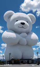 giant teddy bear statue sitting in front of a sky background