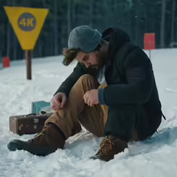 a man sitting in the snow on his knees