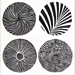 four circular black and white designs with abstract shapes,four different patterns in the same circle