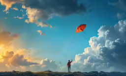 man standing in the evening holding onto his kite as he flies through the air