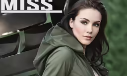 the model is wearing a green jacket and posing for miss magazine