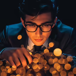 a man wearing glasses is looking down at his hands