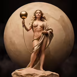 a naked woman in a golden robe holding an instrument