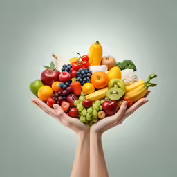 hands holding a variety of fruits and vegetables