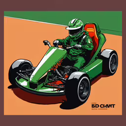 a person in a green race car with an orange seat,an old time photograph of a person riding a go kart