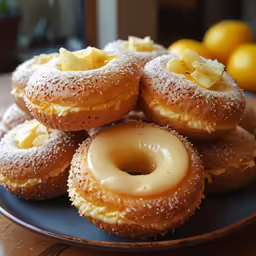 powdered doughnuts piled on a plate on a table