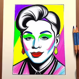 a picture with a very colorful woman wearing earrings,a painting with a green and yellow face,a drawing with a pencil in front of it of a portrait,some colored pencils that are sitting on a table,a drawing with a woman with green eyes