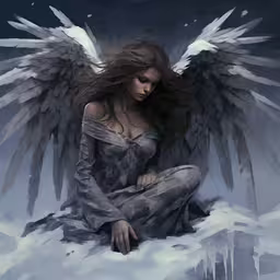 an image of an angel in snow with ice on her feet,a beautiful woman sitting on top of snow covered ground