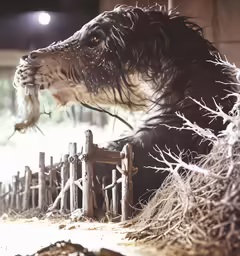 a fake dinosaur on display with fence and dirt