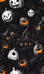 black and white background with many pumpkins