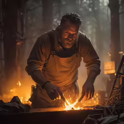 a man with a beard is standing over a fire